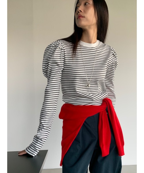 Didot.showroom（ディドット ショールーム）の「【DIDOT.】パフボーダーロンT（Tシャツ/カットソー・レディース・アイボリー/ネイビー/ベージュ/ミント・FREE）」の2枚目の写真