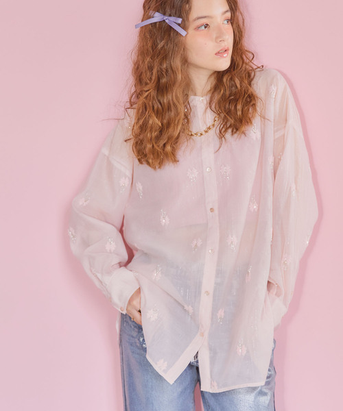 ELLEgirl（エルガール）の「リボン刺繍シアーシャツ【ELLEgirl/エル ガール】（シャツ/ブラウス・レディース・アイボリー/ブラック/ピンク・FREE）」の3枚目の写真