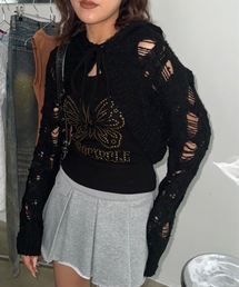 フード付きダメージアームウォーマーニット