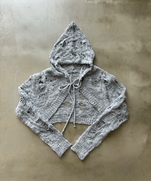 SHAGGIE（シャギー）の「フード付きダメージアームウォーマーニット（カーディガン/ボレロ・レディース・ブラック/グレー/ベージュ・FREE）」の10枚目の写真