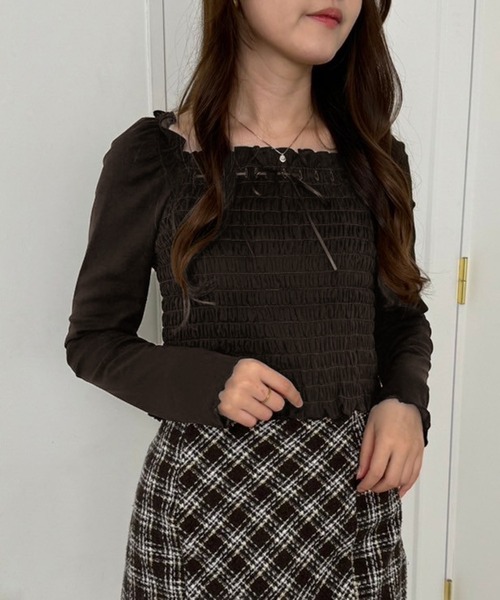one after another NICE CLAUP(ワンアフターアナザーナイスクラップ)の「シャーリングトップス(Tシャツ/カットソー・レディース・ブラウン/オフホワイト/ブラウン系その他・FREE)」の11枚目の写真