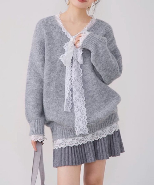 セール】2種類選ぶ 異素材ドッキング vネックレースリボンニット