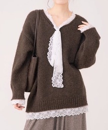 AsRiRe | 2種類選ぶ　異素材ドッキング　vネックレースリボンニット(ニット/セーター)