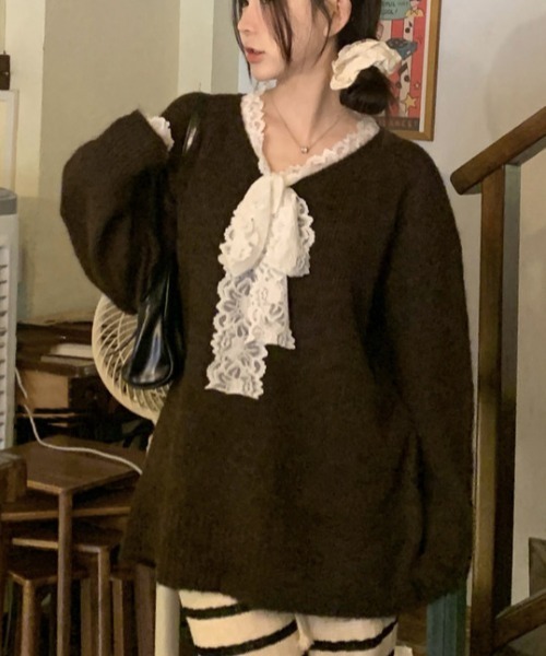 セール】2種類選ぶ 異素材ドッキング vネックレースリボンニット