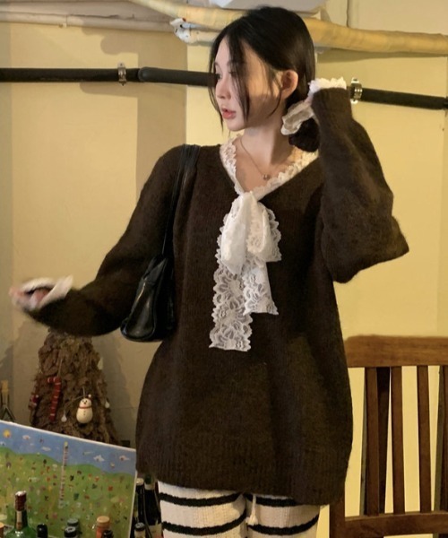 セール】2種類選ぶ 異素材ドッキング vネックレースリボンニット