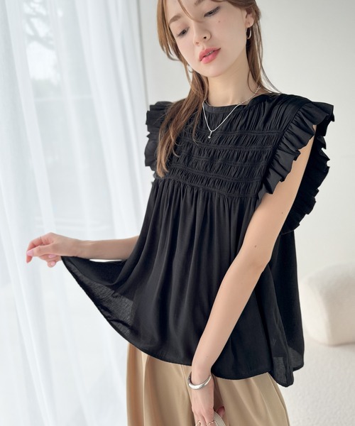 セール】全方向、大人フェミニン！胸元ギャザーフリルスリーブAライン  