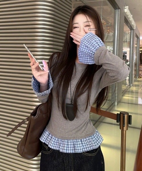 i-dare(アイディア)の「【i-dare】フェイク レイヤード 長袖 トップス(Tシャツ/カットソー・レディース・ブラック/グレー・SMALL/MEDIUM/LARGE)」の2枚目の写真