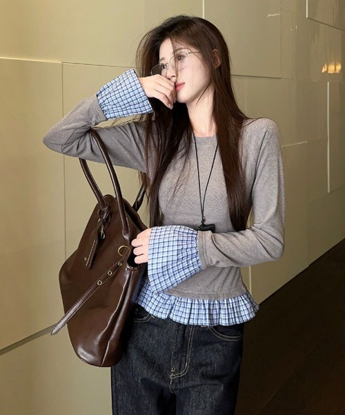 i-dare(アイディア)の「【i-dare】フェイク レイヤード 長袖 トップス(Tシャツ/カットソー・レディース・ブラック/グレー・SMALL/MEDIUM/LARGE)」の10枚目の写真