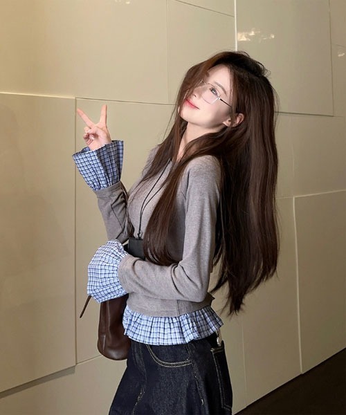 i-dare(アイディア)の「【i-dare】フェイク レイヤード 長袖 トップス(Tシャツ/カットソー・レディース・ブラック/グレー・SMALL/MEDIUM/LARGE)」の8枚目の写真