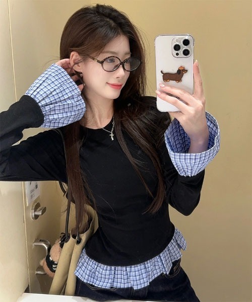 i-dare(アイディア)の「【i-dare】フェイク レイヤード 長袖 トップス(Tシャツ/カットソー・レディース・ブラック/グレー・SMALL/MEDIUM/LARGE)」の7枚目の写真