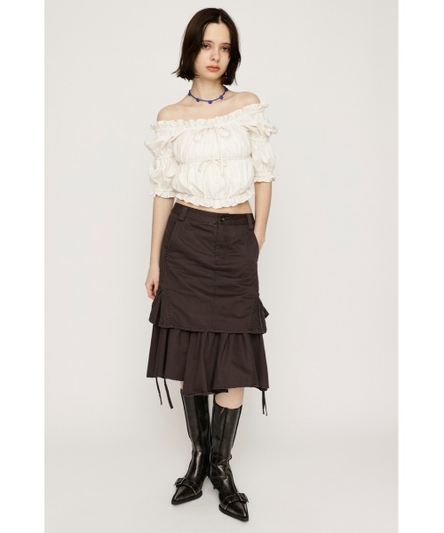 SLY（スライ）の「GATHER RIBBON BL ギャザー リボン ブラウス 半袖 夏服（シャツ/ブラウス・レディース・マルチ/ブラック/アイボリー・FREE）」の4枚目の写真