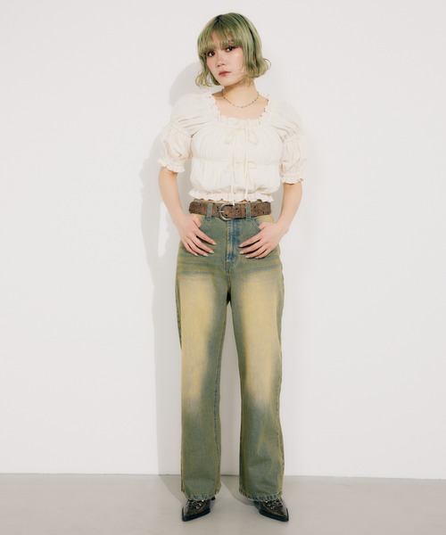 SLY（スライ）の「GATHER RIBBON BL ギャザー リボン ブラウス 半袖 夏服（シャツ/ブラウス・レディース・マルチ/ブラック/アイボリー・FREE）」の12枚目の写真