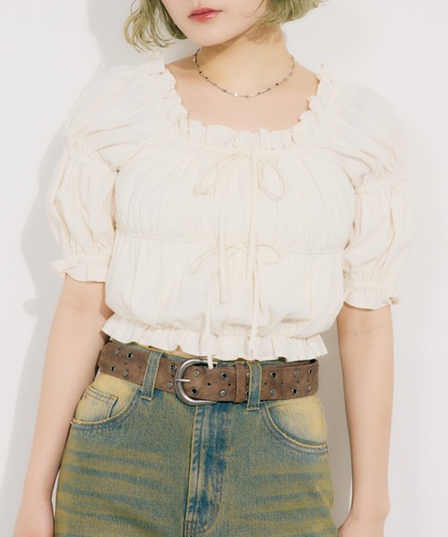 SLY（スライ）の「GATHER RIBBON BL ギャザー リボン ブラウス 半袖 夏服（シャツ/ブラウス・レディース・マルチ/ブラック/アイボリー・FREE）」の15枚目の写真