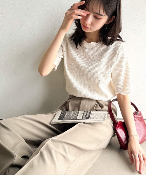 classicalelf（クラシカルエルフ）の「心ときめく夏のスタイルを叶える。メロウビジュ―ジャガードトップス（半袖）（Tシャツ/カットソー・レディース・アイボリー/ブラック/グレイッシュベージュ/ダークグレー・LARGE/X-LARGE/MEDIUM/SMALL）」の9枚目の写真