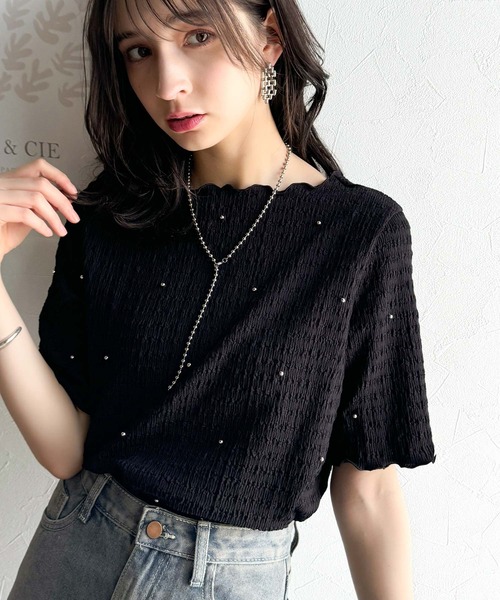 classicalelf（クラシカルエルフ）の「心ときめく夏のスタイルを叶える。メロウビジュ―ジャガードトップス（半袖）（Tシャツ/カットソー・レディース・アイボリー/ブラック/グレイッシュベージュ/ダークグレー・LARGE/X-LARGE/MEDIUM/SMALL）」の11枚目の写真