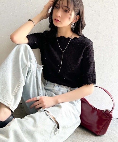 classicalelf（クラシカルエルフ）の「心ときめく夏のスタイルを叶える。メロウビジュ―ジャガードトップス（半袖）（Tシャツ/カットソー・レディース・アイボリー/ブラック/グレイッシュベージュ/ダークグレー・LARGE/X-LARGE/MEDIUM/SMALL）」の16枚目の写真