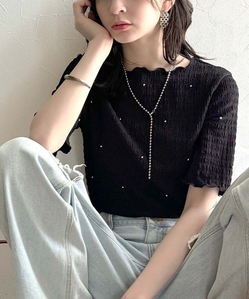 classicalelf（クラシカルエルフ）の「心ときめく夏のスタイルを叶える。メロウビジュ―ジャガードトップス（半袖）（Tシャツ/カットソー・レディース・アイボリー/ブラック/グレイッシュベージュ/ダークグレー・LARGE/X-LARGE/MEDIUM/SMALL）」の17枚目の写真