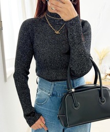 ラメボトルネックリブトップス