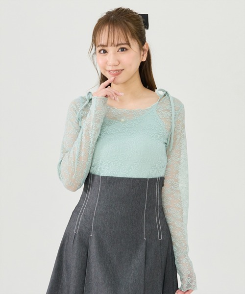 REDYAZEL(レディアゼル)の「レーストップス&リボンショルダーキャミソールセット(Tシャツ/カットソー・レディース・ブラック/オフホワイト/グリーン・FREE)」の3枚目の写真