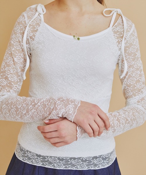 REDYAZEL(レディアゼル)の「レーストップス&リボンショルダーキャミソールセット(Tシャツ/カットソー・レディース・ブラック/オフホワイト/グリーン・FREE)」の5枚目の写真