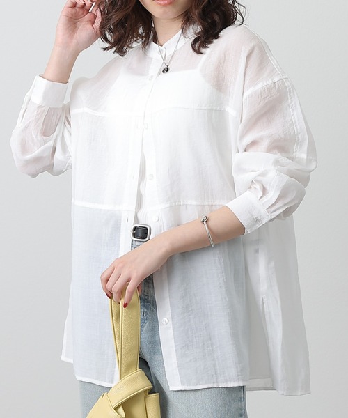 COLONY 2139（コロニートゥーワンスリーナイン）の「シアー切替バンドカラー長袖シャツ（シャツ/ブラウス・レディース・ブラック/ライトベージュ/グレイッシュベージュ/ホワイト・FREE）」の2枚目の写真