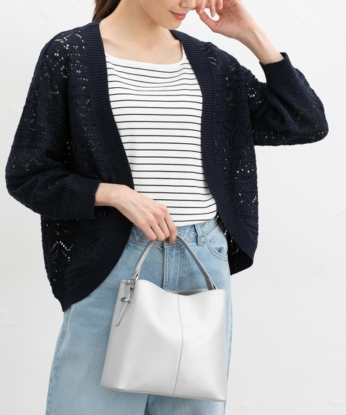 Honeys（ハニーズ）の「８分袖透かし編カーデ（カーディガン/ボレロ・レディース・ネイビー/アイボリー/イエロー系その他/ライトベージュ/杢グレー・L/LL/M）」の4枚目の写真