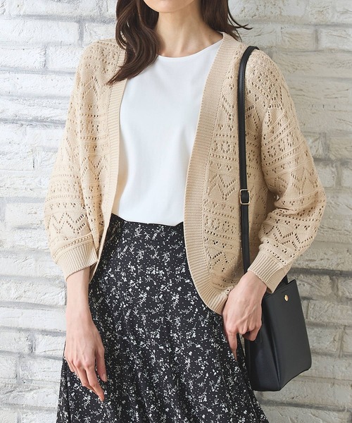 Honeys（ハニーズ）の「８分袖透かし編カーデ（カーディガン/ボレロ・レディース・ネイビー/アイボリー/イエロー系その他/ライトベージュ/杢グレー・L/LL/M）」の3枚目の写真