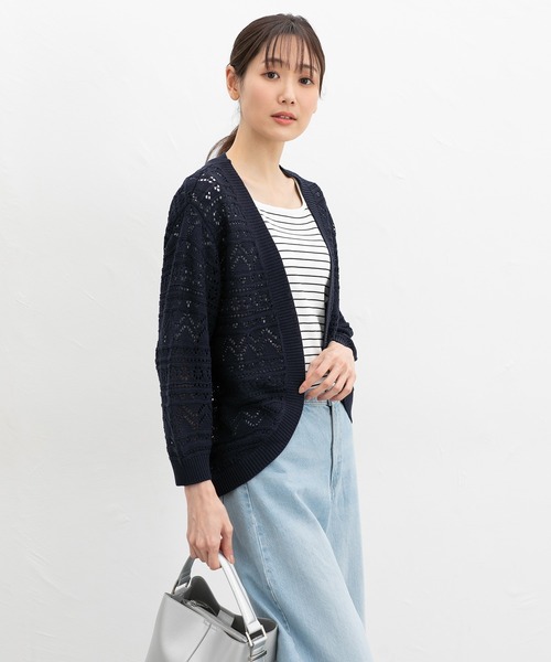 Honeys（ハニーズ）の「８分袖透かし編カーデ（カーディガン/ボレロ・レディース・ネイビー/アイボリー/イエロー系その他/ライトベージュ/杢グレー・L/LL/M）」の9枚目の写真