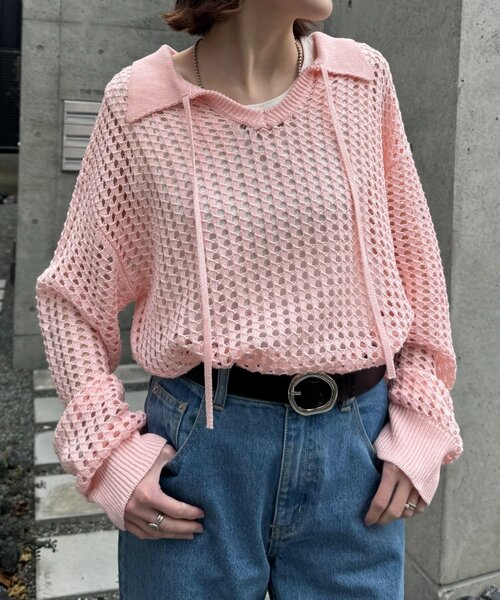 CIAOPANIC TYPY（チャオパニックティピー）の「メッシュ襟付きスキッパーニット（ニット/セーター・レディース・ブラック/ピンク/オフホワイト・ONE SIZE）」の4枚目の写真