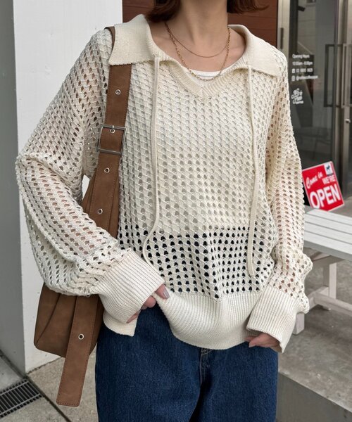 CIAOPANIC TYPY（チャオパニックティピー）の「メッシュ襟付きスキッパーニット（ニット/セーター・レディース・ブラック/ピンク/オフホワイト・ONE SIZE）」の6枚目の写真