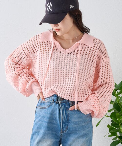 CIAOPANIC TYPY（チャオパニックティピー）の「メッシュ襟付きスキッパーニット（ニット/セーター・レディース・ブラック/ピンク/オフホワイト・ONE SIZE）」の19枚目の写真