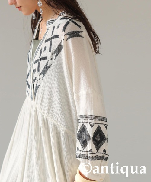 antiqua(アンティカ)の「インド綿刺繍ワンピース(ワンピース・レディース・ホワイト/ブラック・ONESIZE)」の6枚目の写真