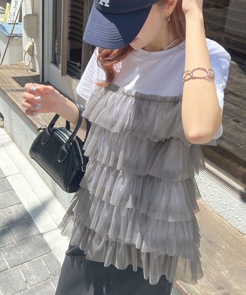 Futier land（フューティアランド）の「チュールティアードドッキングTシャツ（Tシャツ/カットソー・レディース・ブラック/ブラック系その他/ホワイト/ホワイト系その他・FREE）」の3枚目の写真