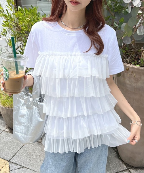 Futier land（フューティアランド）の「チュールティアードドッキングTシャツ（Tシャツ/カットソー・レディース・ブラック/ブラック系その他/ホワイト/ホワイト系その他・FREE）」の2枚目の写真