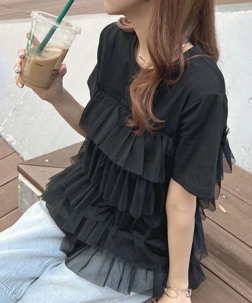 Futier land（フューティアランド）の「チュールティアードドッキングTシャツ（Tシャツ/カットソー・レディース・ブラック/ブラック系その他/ホワイト/ホワイト系その他・FREE）」の4枚目の写真