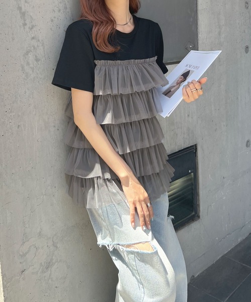 Futier land（フューティアランド）の「チュールティアードドッキングTシャツ（Tシャツ/カットソー・レディース・ブラック/ブラック系その他/ホワイト/ホワイト系その他・FREE）」の11枚目の写真