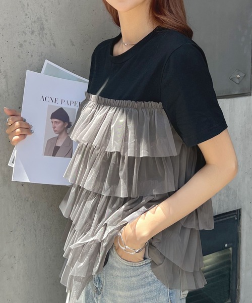 Futier land（フューティアランド）の「チュールティアードドッキングTシャツ（Tシャツ/カットソー・レディース・ブラック/ブラック系その他/ホワイト/ホワイト系その他・FREE）」の16枚目の写真