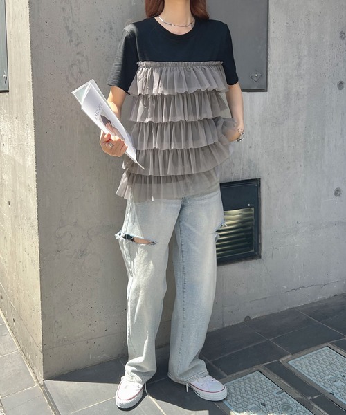 Futier land（フューティアランド）の「チュールティアードドッキングTシャツ（Tシャツ/カットソー・レディース・ブラック/ブラック系その他/ホワイト/ホワイト系その他・FREE）」の17枚目の写真