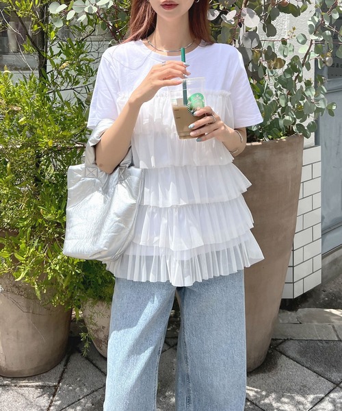 Futier land（フューティアランド）の「チュールティアードドッキングTシャツ（Tシャツ/カットソー・レディース・ブラック/ブラック系その他/ホワイト/ホワイト系その他・FREE）」の19枚目の写真