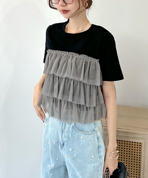 Futier land（フューティアランド）の「チュールティアードドッキングTシャツ（Tシャツ/カットソー・レディース・ブラック/ブラック系その他/ホワイト/ホワイト系その他・FREE）」の8枚目の写真