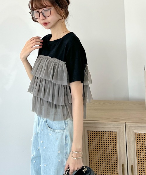 Futier land（フューティアランド）の「チュールティアードドッキングTシャツ（Tシャツ/カットソー・レディース・ブラック/ブラック系その他/ホワイト/ホワイト系その他・FREE）」の9枚目の写真