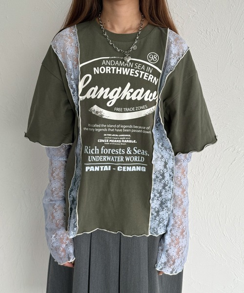 tシャツ アームモチーフ裏毛カットソー レディース osharewalker カットソー レディース Tシャツ トップス 五分袖