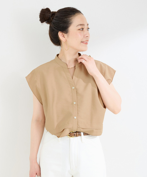 B.C STOCK（ベーセーストック）の「手洗い可 / UVカット / UVケアフロントフレアースタンドシャツ（シャツ/ブラウス・レディース・ホワイト/キャメル/ブラック・FREE）」の3枚目の写真