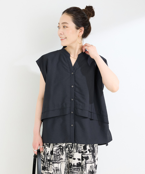 B.C STOCK（ベーセーストック）の「手洗い可 / UVカット / UVケアフロントフレアースタンドシャツ（シャツ/ブラウス・レディース・ホワイト/キャメル/ブラック・FREE）」の5枚目の写真