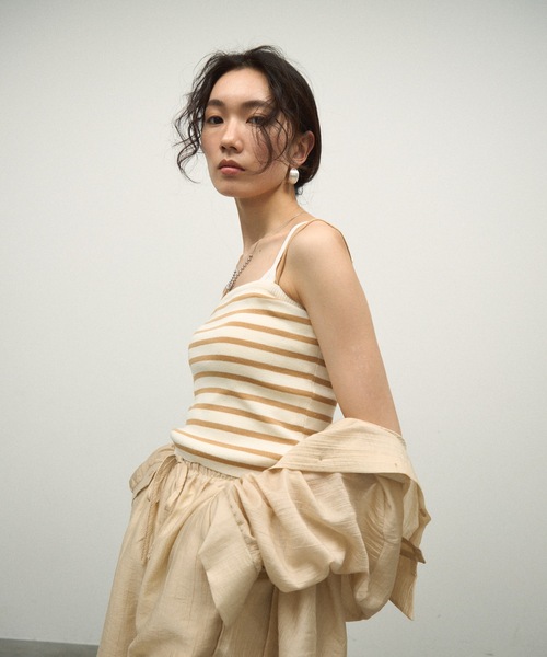 ブラウス シャツ 「3Piece Set」 Striped Knit Crepe Shirt Setup / 「3点セット」涼感ラッシュガードセットア ブラウス シャツ 「3Piece Set」 Striped Knit Crepe Shirt