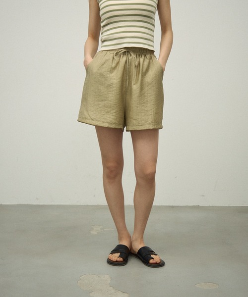 Lutim by u（ルチバイユー）の「【3Piece Set】 Striped Knit Crepe Shirt Setup / 【3点セット】涼感ラッシュガードセットアップ（シャツ/ブラウス・レディース・ナチュラル/オリーブ/ホワイト/ピンク・FREE）」の17枚目の写真