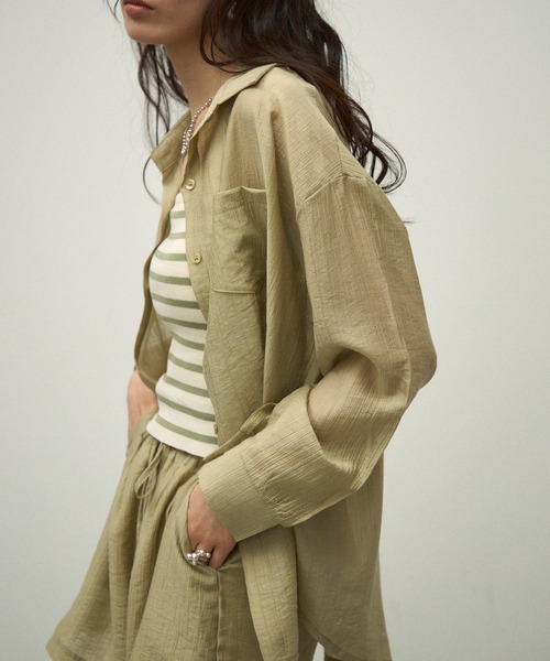 Lutim by u（ルチバイユー）の「【3Piece Set】 Striped Knit Crepe Shirt Setup / 【3点セット】涼感ラッシュガードセットアップ（シャツ/ブラウス・レディース・ナチュラル/オリーブ/ホワイト/ピンク・FREE）」の16枚目の写真