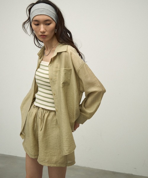 ブラウス シャツ 「3Piece Set」 Striped Knit Crepe Shirt Setup / 「3点セット」涼感ラッシュガードセットア ブラウス シャツ 「3Piece Set」 Striped Knit Crepe Shirt