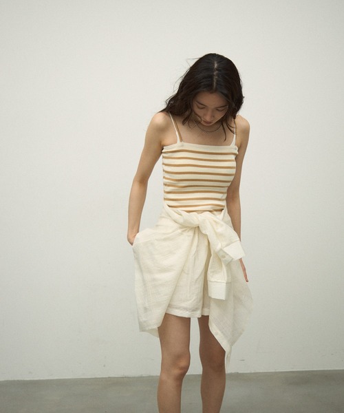 Lutim by u（ルチバイユー）の「【3Piece Set】 Striped Knit Crepe Shirt Setup / 【3点セット】涼感ラッシュガードセットアップ（シャツ/ブラウス・レディース・ナチュラル/オリーブ/ホワイト/ピンク・FREE）」の8枚目の写真