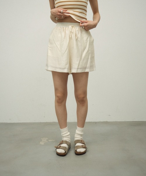 Lutim by u（ルチバイユー）の「【3Piece Set】 Striped Knit Crepe Shirt Setup / 【3点セット】涼感ラッシュガードセットアップ（シャツ/ブラウス・レディース・ナチュラル/オリーブ/ホワイト/ピンク・FREE）」の11枚目の写真